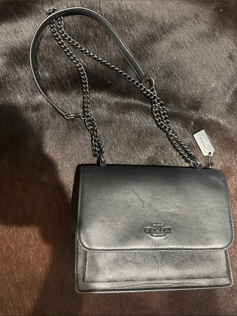 Coach Black Leather & Signature Canvas Chain Shoulder Bag